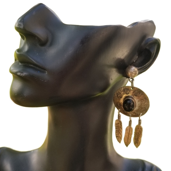 TAXCO VINTAGE STERLING SILVER & ONYX NATIVE AMERICAN DROP EARRINGS - Picture 2 of 4